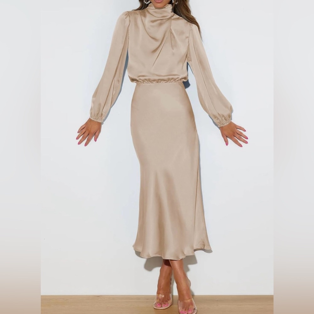 Long Sleeve Satin Dress Mock Neck Elastic Waist Midi Dress